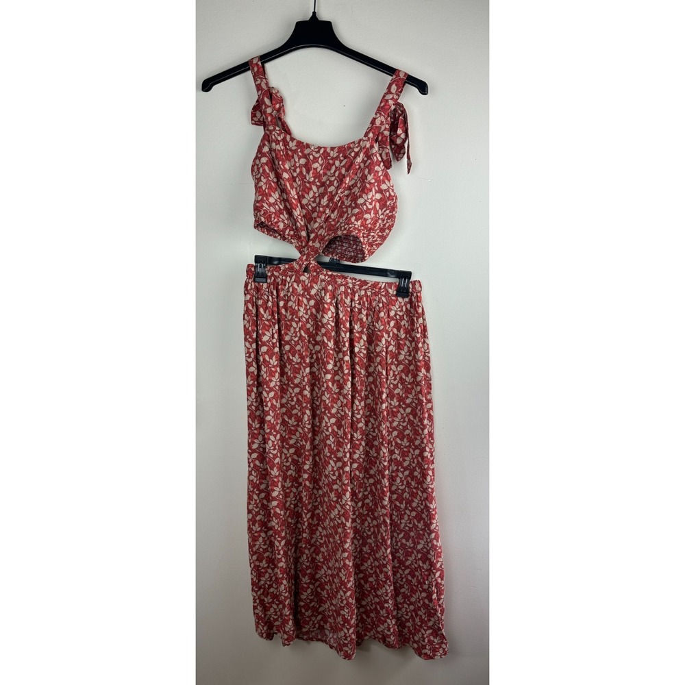 Natural Life Women Red Floral Cut Out Maxi Dress Tie Strap Smocked Size Medium - Picture 2 of 12